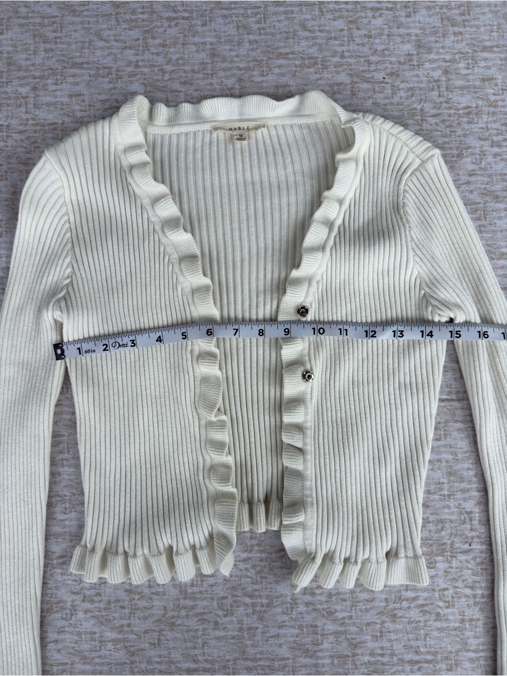 Mable White Ribbed Ruffle Cardigan Sweater Soft Feminine Knit - Picture 4 of 7